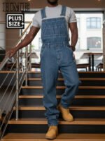 Men's Loose Fit Denim Overalls Dark Blue Carpenter Bib Pants Casual Streetwear Workwear - Image 3