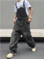 Men Black Denim Overalls Loose Fit Bib Pants Workwear Style Casual Jeans Jumpsuit Wholesale Ready Stock