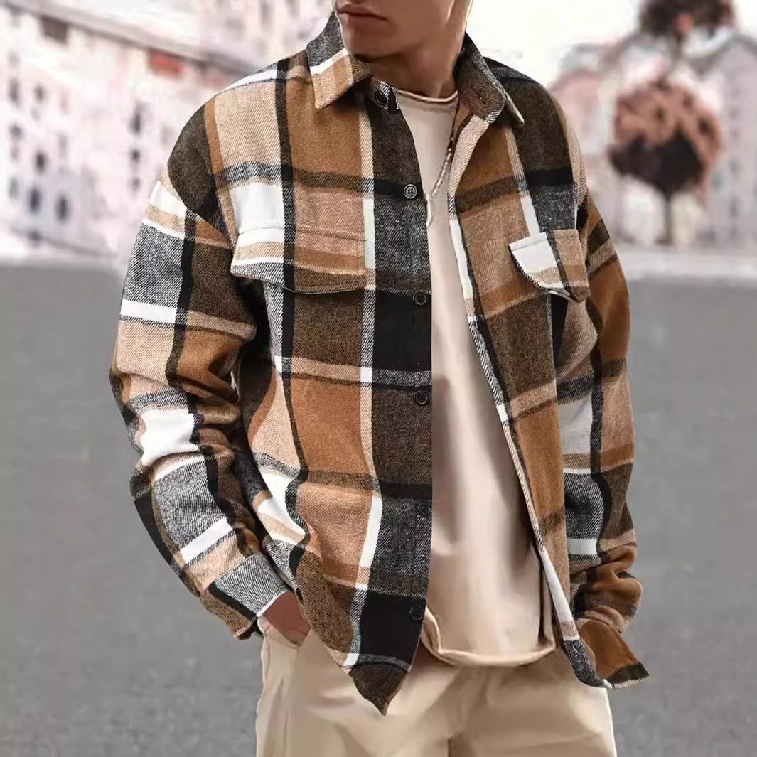 96c5d16e-d537-441c-b242-3bb66903b03c.jpg FallWinter Slim Brushed Plaid Long Sleeve Flannel Shirt Men - Image 1
