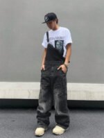 Men Black Denim Overalls Loose Fit Bib Pants Workwear Style Casual Jeans Jumpsuit Wholesale Ready Stock - Image 2