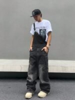 Men Black Denim Overalls Loose Fit Bib Pants Workwear Style Casual Jeans Jumpsuit Wholesale Ready Stock - Image 9